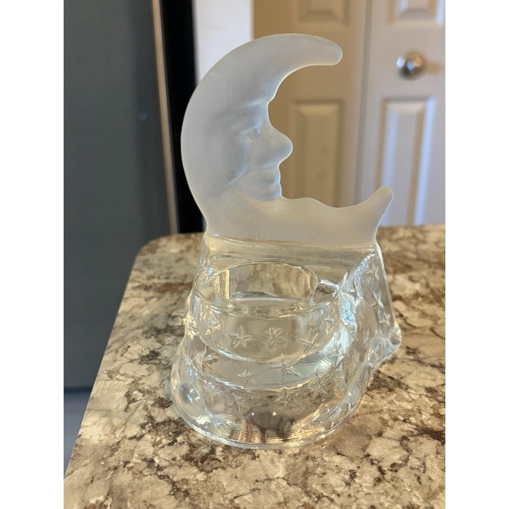 90s Celestial Crescent Moon & Stars Tealight Candle Holder Frost Glass Partylite